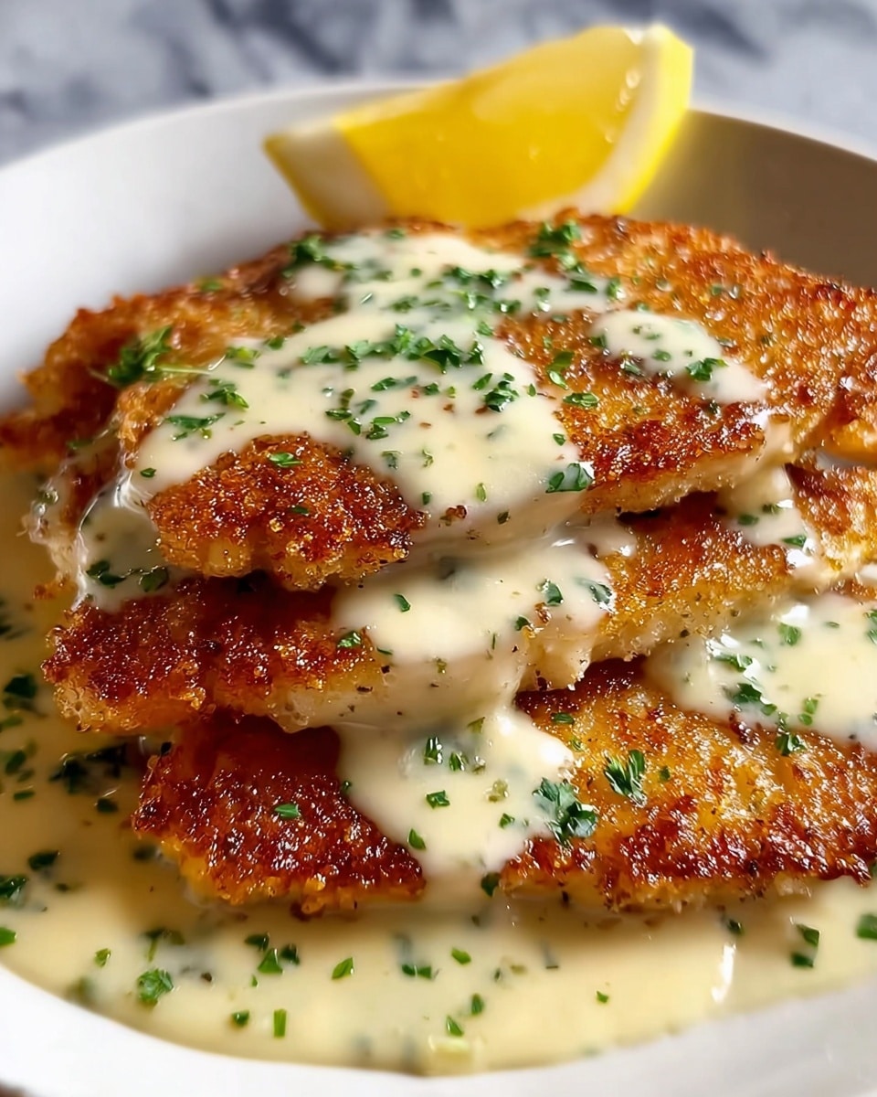 The image shows three golden-brown, crispy fish fillets stacked slightly overlapping on a white plate, each topped with a creamy, light beige sauce sprinkled with finely chopped green herbs. A bright yellow lemon wedge is placed at the back edge of the plate. The fish fillets have a crunchy texture with browned edges, and the sauce appears smooth and thick, gently dripping onto the plate. The background is a white marbled surface. photo taken with an iphone --ar 4:5 --v 7