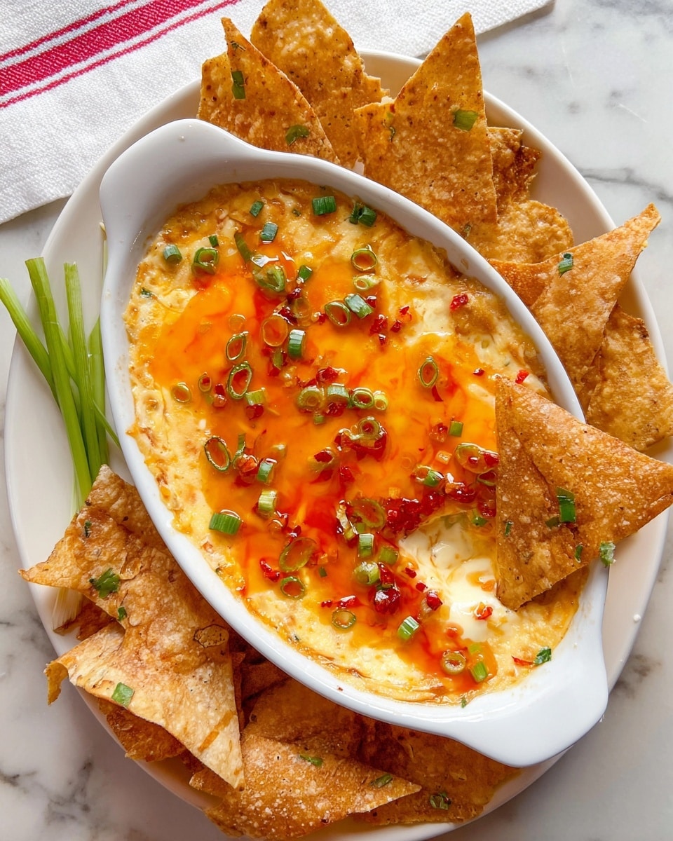 The image shows a white oval dish filled with a creamy, cheesy dip topped with a shiny layer of bright orange sweet chili sauce, sprinkled with small green onion slices and red chili pieces. The dish is placed on a white round plate surrounded by crispy golden-brown triangular chips sprinkled lightly with green onion pieces. One chip is dipped halfway into the creamy dip, showing a thick, smooth, and rich texture beneath the sauce. The plate rests on a white marbled surface with a small piece of green onion and part of a white cloth with red stripes visible at the corner. photo taken with an iphone --ar 4:5 --v 7
