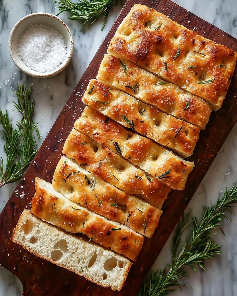 A rectangular focaccia bread cut into nine long slices sits on a wooden board with a dark brown color. The top layer is golden-brown with a slightly shiny texture, sprinkled with coarse salt and small green rosemary leaves scattered across it. The inside of the sliced pieces shows a light, airy texture with many holes, revealing a soft, white layer. A small white bowl with coarse salt is seen at the top left corner on a white marbled surface with fresh green rosemary sprigs beside it. Photo taken with an iphone --ar 4:5 --v 7