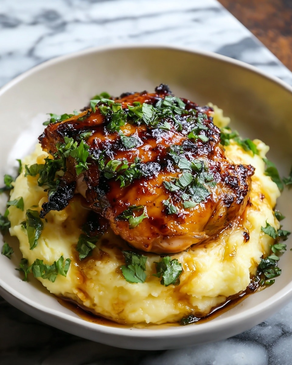 The dish shows two main layers on a white plate with a shallow round shape; the bottom layer is a creamy mashed potato with a light yellow color and soft texture, slightly browned at the edges. On top, there is a piece of grilled chicken thigh with a shiny dark brown glaze and charred spots, covered with green herb leaves scattered over it. The background has a white marbled texture. Photo taken with an iphone --ar 4:5 --v 7