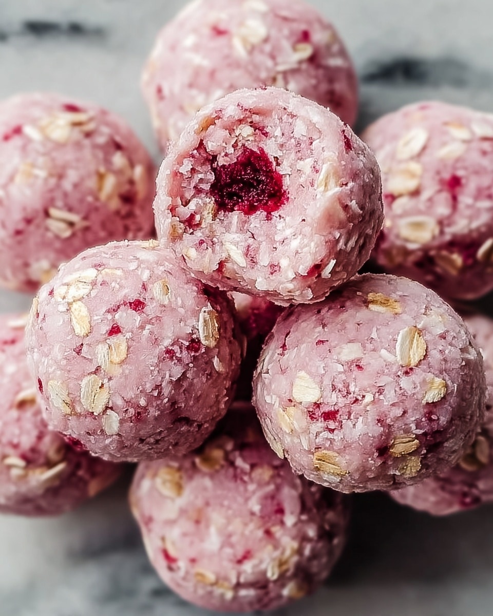 The image shows a close-up of round, pink energy bites with a rough texture. Each ball has a layer of light pink mixed with red bits inside, and they are coated with whole oatmeal flakes scattered over the surface. The top energy bite shows a small dark red spot in the center where a bite is taken, revealing a moist inside. The balls are arranged in a cluster on a white marbled background. Photo taken with an iphone --ar 4:5 --v 7