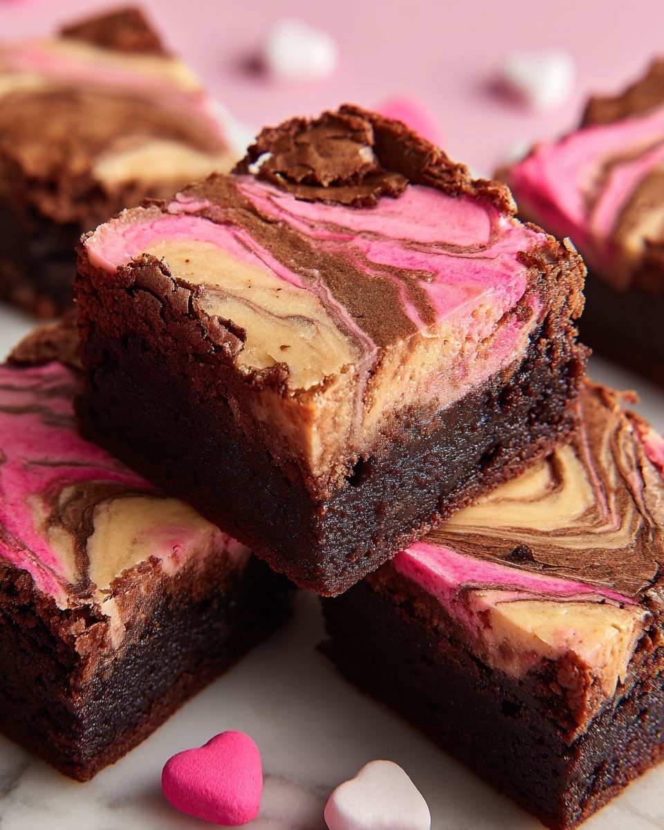 The image shows a close-up of rich, square brownies with three visible layers. The bottom layer is dark brown and dense with a fudgy texture. The middle layer features a creamy swirl pattern combining bright pink, light tan, and dark brown, creating a marbled effect across the top. The outer edges of the brownies have a cracked, glossy chocolate crust. These brownies are arranged on a white marbled surface with small pink and white heart-shaped candies scattered in the background. photo taken with an iphone --ar 4:5 --v 7