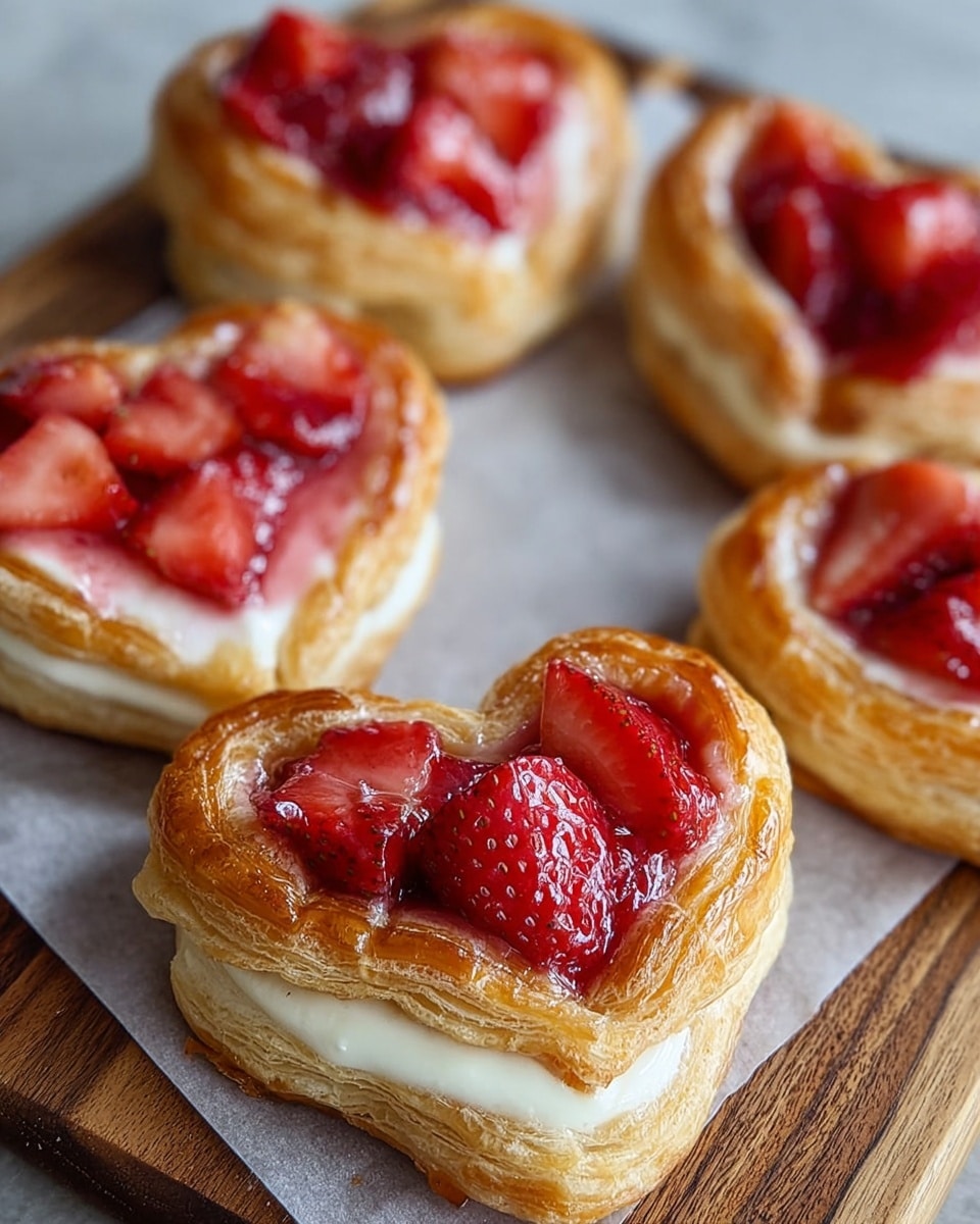 The image shows several heart-shaped pastries arranged on white parchment paper over a wooden board, with a white marbled texture softly blurred in the background. Each pastry has three clear layers: a golden-brown, flaky puff pastry base with a light, crispy texture; a smooth, white cream cheese or custard layer filling the center; and a topping of shiny, red strawberries, some halved or chopped, coated in a light glaze that adds glossiness and a rich red color. The layers are distinct and the pastries are well-defined in shape, with a soft, inviting look. Photo taken with an iphone --ar 4:5 --v 7