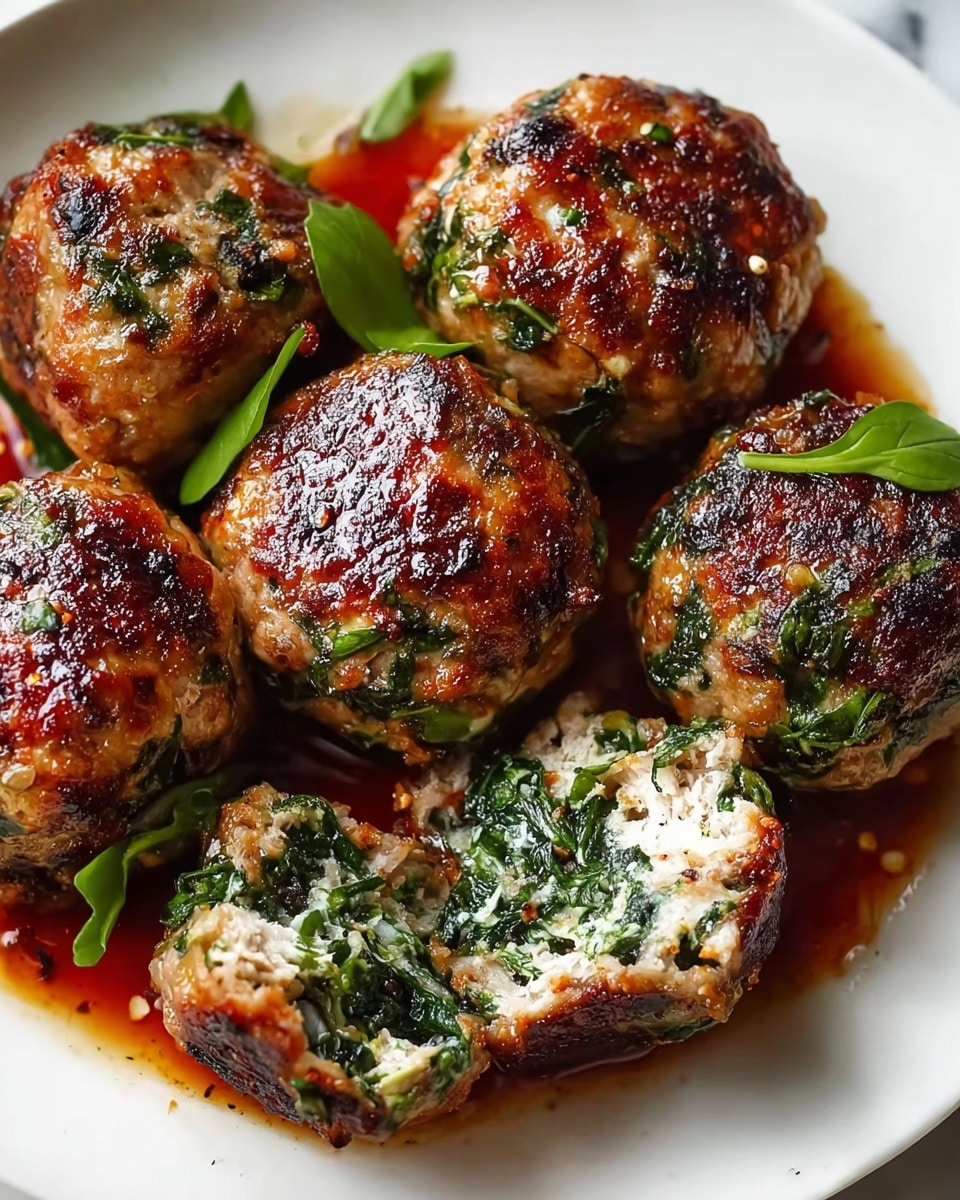The image shows several browned meatballs on a white plate over a white marbled surface. Each meatball has a slightly crispy, golden-brown outer layer with visible specks of herbs and charred spots. Inside, the meatballs reveal a moist filling made mostly of finely chopped green spinach mixed with lighter-colored meat or cheese. The meatballs sit in a small pool of reddish-brown sauce, with some green spinach leaves and black pepper sprinkled around them. One meatball is broken open in the front, showing the vivid contrast between the white and green filling inside. Photo taken with an iphone --ar 4:5 --v 7