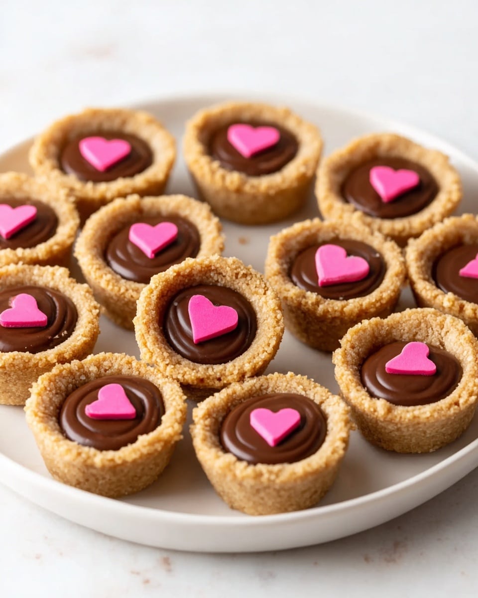 A white plate holds many small tartlets arranged closely together, each tartlet has a golden brown outer crust forming a cup shape, filled with a smooth, dark brown chocolate layer topped with a small, bright pink heart in the center. Several tartlets are also placed around the plate on a white marbled surface. The image is bright and clear, showing the texture of the crust as crispy and the chocolate filling as rich and glossy. photo taken with an iphone --ar 4:5 --v 7