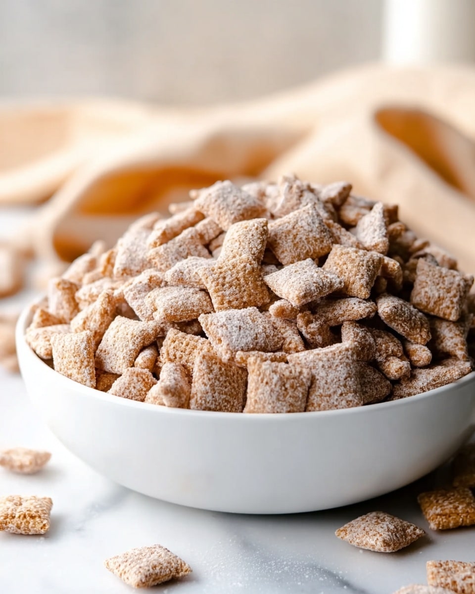 A large white bowl filled to the top with small, square cereal pieces that are light brown with a powdery coating, giving them a rough texture. The cereal pieces look crunchy and some spill out slightly from the bowl, resting on a white marbled surface. In the background, there is a soft beige cloth blurred softly, adding warmth to the image. photo taken with an iphone --ar 4:5 --v 7