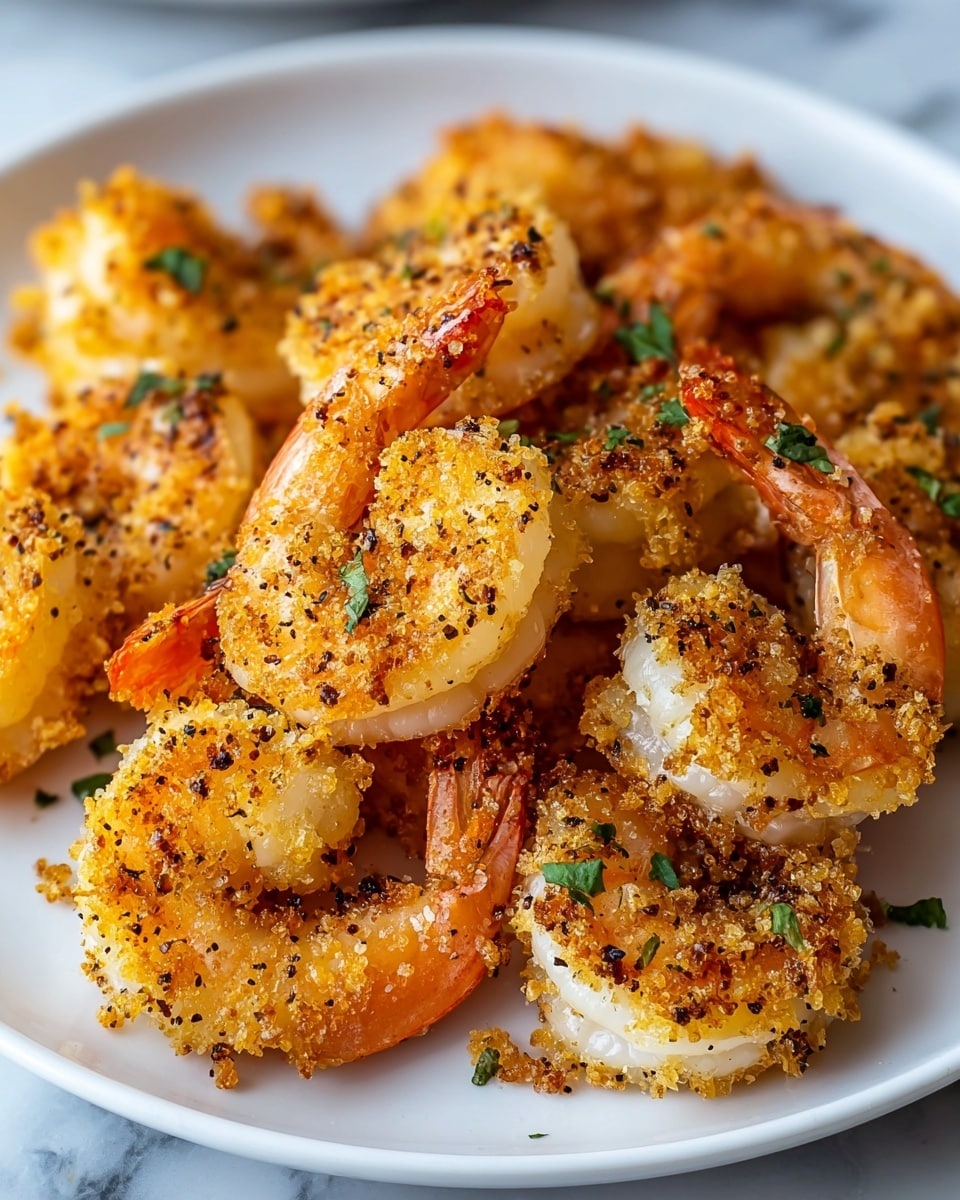 A white plate filled with several pieces of cooked shrimp that have a golden brown crispy coating with visible black pepper and breadcrumb crumbs. The shrimp are mostly curled, showing white and orange colors with a crunchy texture. Small green herb pieces are scattered on top and around the shrimp, adding a fresh contrast. The shrimp look well cooked with a slightly charred, crunchy outer layer and a tender inside. The photo is close up, showing the texture and color of each shrimp clearly on a white marbled surface. Photo taken with an iphone --ar 4:5 --v 7