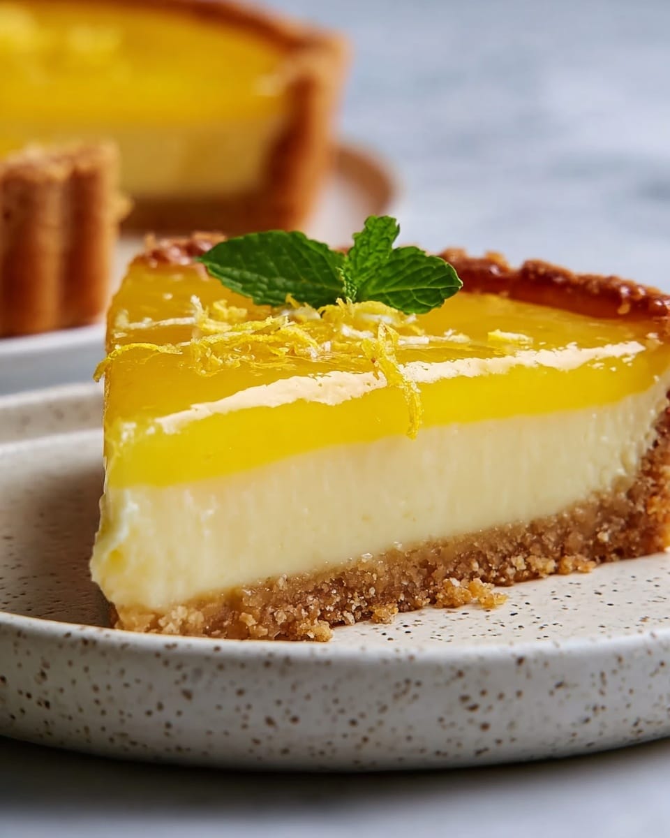 A close-up of a lemon tart slice on a white speckled plate, showing three distinct layers: a thick, crumbly, golden-brown crust at the bottom, a smooth, pale yellow creamy filling in the middle, and a glossy, bright yellow lemon layer on top. The tart is decorated with light lemon zest and a small fresh green mint leaf placed near the center of the top layer. The background features a blurred second tart with the same layers, all set on a white marbled surface. photo taken with an iphone --ar 4:5 --v 7