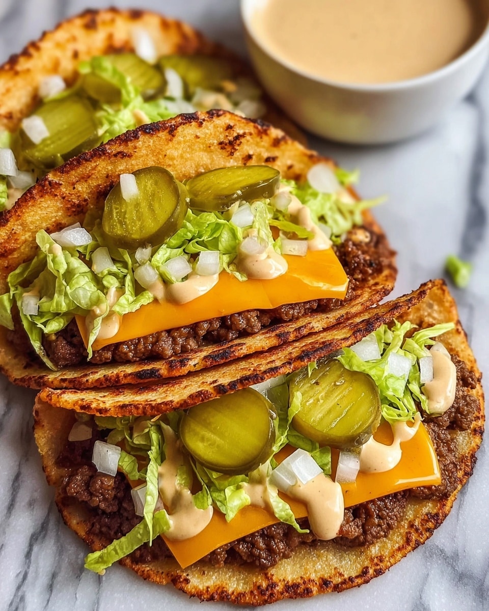 The image shows three crispy tacos placed close together on a white marbled surface. Each taco has two browned, toasted layers of flatbread that look crunchy, forming the outer shell. Inside, the bottom layer holds a cooked ground beef patty that is dark brown and crumbly. On top of the meat, a slice of melted bright orange cheddar cheese is visible, adding a smooth texture. Over the cheese, there is chopped green lettuce and diced white onions scattered across for a fresh, crunchy layer. The tacos are topped with several sliced green pickles placed near the center and drizzled with a creamy light beige sauce. In the background to the right, there is a white bowl filled with more of the creamy sauce, slightly blurred. photo taken with an iphone --ar 4:5 --v 7