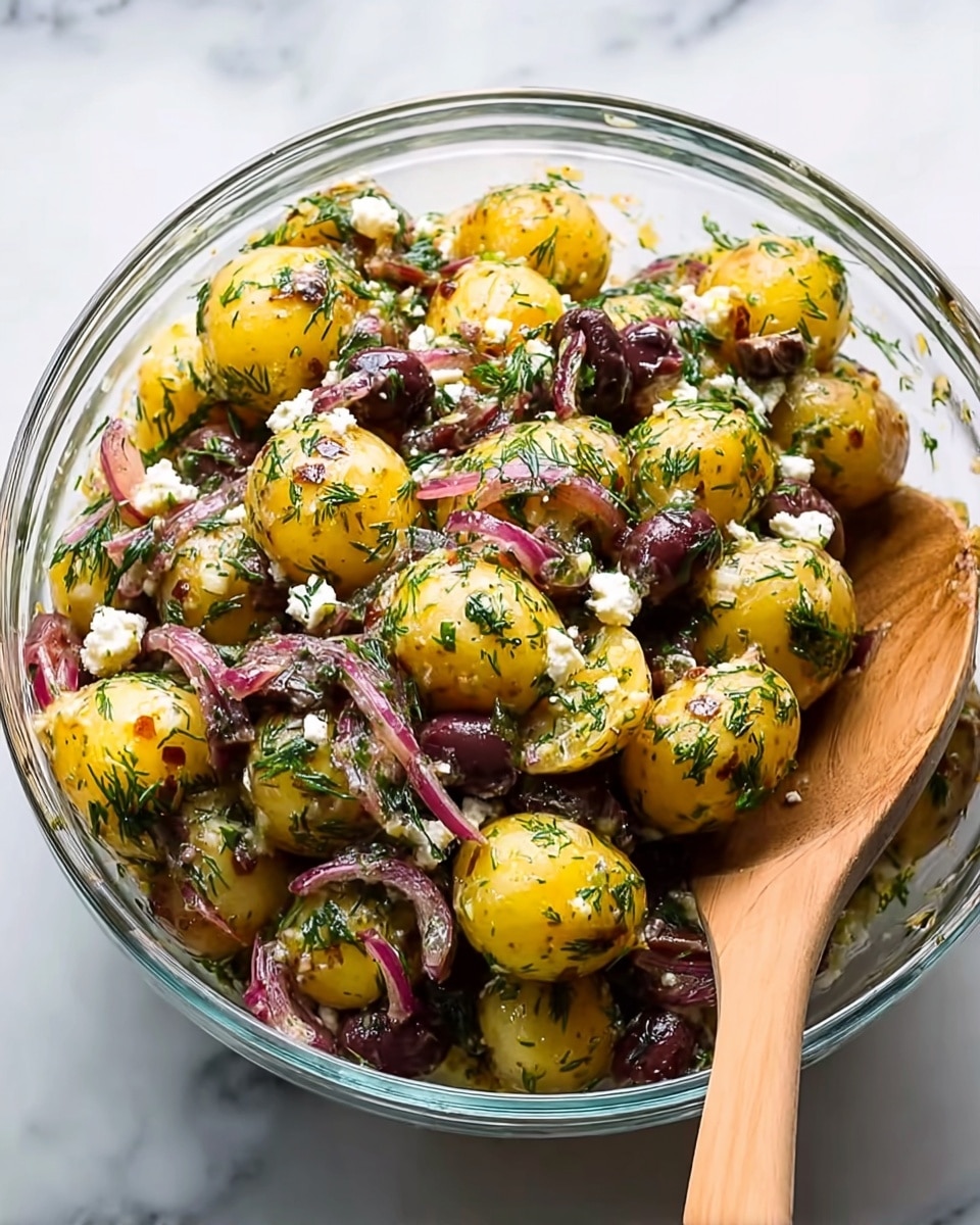 The image shows a clear glass bowl filled with a colorful potato salad. The salad has two layers of small yellow potatoes coated with herbs, mostly green dill, giving a fresh leafy texture. Mixed throughout are sliced red onions adding purple curved layers and dark olives that provide deep brown to black chunks evenly spread. White crumbles of cheese sit on top and throughout the salad, adding a soft, irregular texture. A wooden spoon rests inside the bowl on the right side, partially submerged in the salad. The bowl is placed on a white marbled surface. photo taken with an iphone --ar 4:5 --v 7