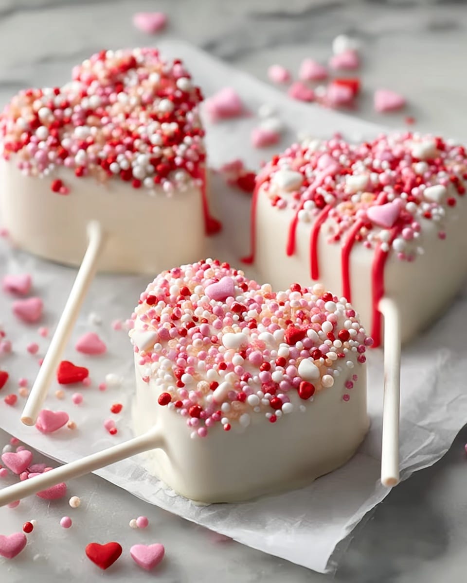 The image shows four heart-shaped treats on white sticks, each covered in smooth white coating. On top of each heart, there are many small sprinkles in red, pink, and white, including tiny heart shapes, round beads, and rods, creating a colorful, textured layer. Some red drizzle runs down the sides of the hearts, adding contrast to the white coating. The treats rest on white parchment paper on a surface with a white marbled texture. A few loose pink and red heart sprinkles are scattered around. Photo taken with an iphone --ar 4:5 --v 7