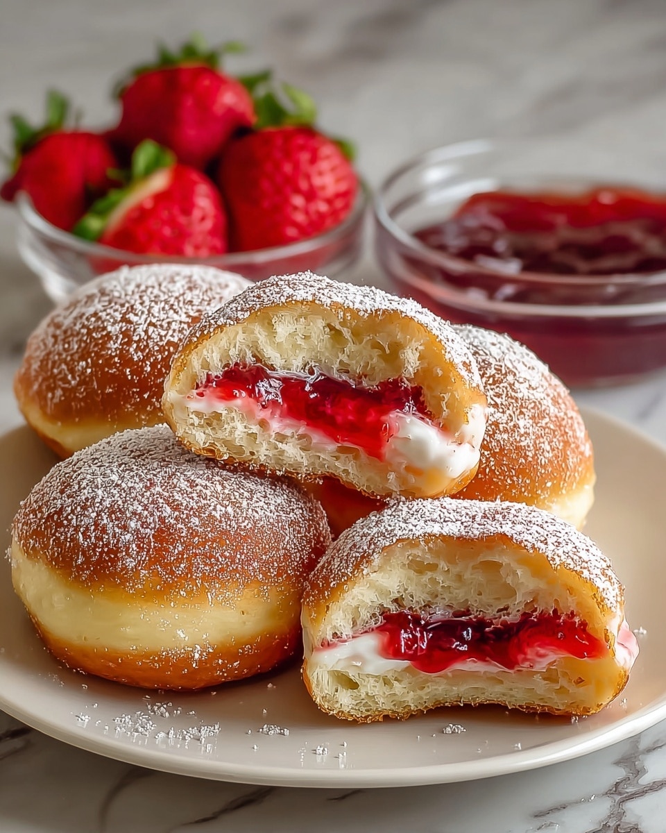 A white plate holds five round donuts with a golden brown outside dusted with powdered sugar. Two donuts are cut open, showing a soft, light yellow inside with two layers of filling: a creamy white layer and a bright red strawberry jelly layer that looks thick and glossy. In the background, there is a small glass bowl filled with more red strawberry jelly and several fresh, red strawberries with green tops. The scene is set on a white marbled surface. photo taken with an iphone --ar 4:5 --v 7