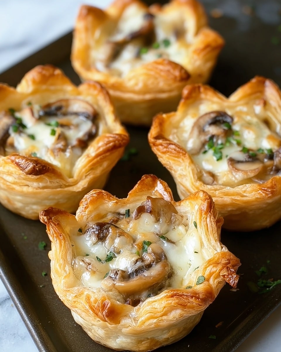 The image shows five small puff pastry cups arranged closely together on a dark baking tray, each with flaky golden-brown crusts forming the cup shapes. Inside each pastry cup, there is a layer of sautéed sliced mushrooms in shades of light to dark brown, topped with melted white cheese that covers the mushrooms partially, with some cheese slightly browning at the edges. A few tiny bits of green herbs are scattered on top of the cheese, adding a slight touch of color. The pastries have a crispy texture with some puffed-up edges, and the overall look is warm, inviting, and freshly baked. Photo taken with an iphone --ar 4:5 --v 7