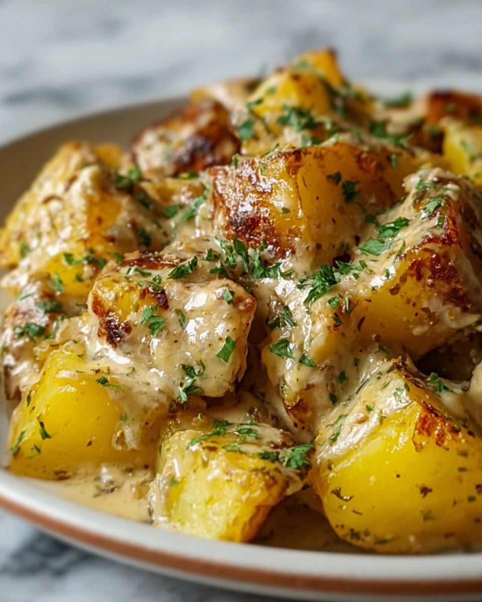 This close-up image shows roasted golden potato chunks covered in a creamy, slightly browned sauce with specks of green herbs sprinkled on top. The potatoes have a crispy texture with some edges slightly charred, creating a mix of yellow and golden brown colors. The creamy sauce has a smooth texture with visible pieces of herbs mixed throughout. The dish is served on a white plate with a blurred white marbled surface in the background. photo taken with an iphone --ar 4:5 --v 7