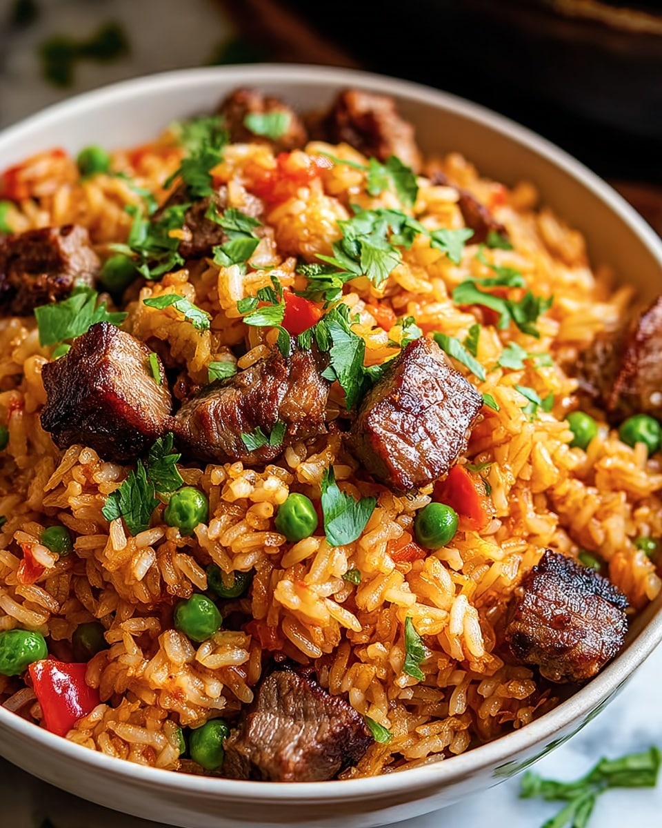 A close-up of a bowl filled with fried rice, showing about four layers. The bottom layer is light orange fried rice mixed evenly with small green peas and tiny red bell pepper pieces. Scattered on top are small chunks of browned grilled meat that look juicy and crispy on the edges. The rice is shiny and fluffy, mixed with fresh green cilantro pieces sprinkled all over, adding a touch of bright green color. The bowl itself is white, placed on a white marbled surface, giving a clean and fresh look to the image. photo taken with an iphone --ar 4:5 --v 7