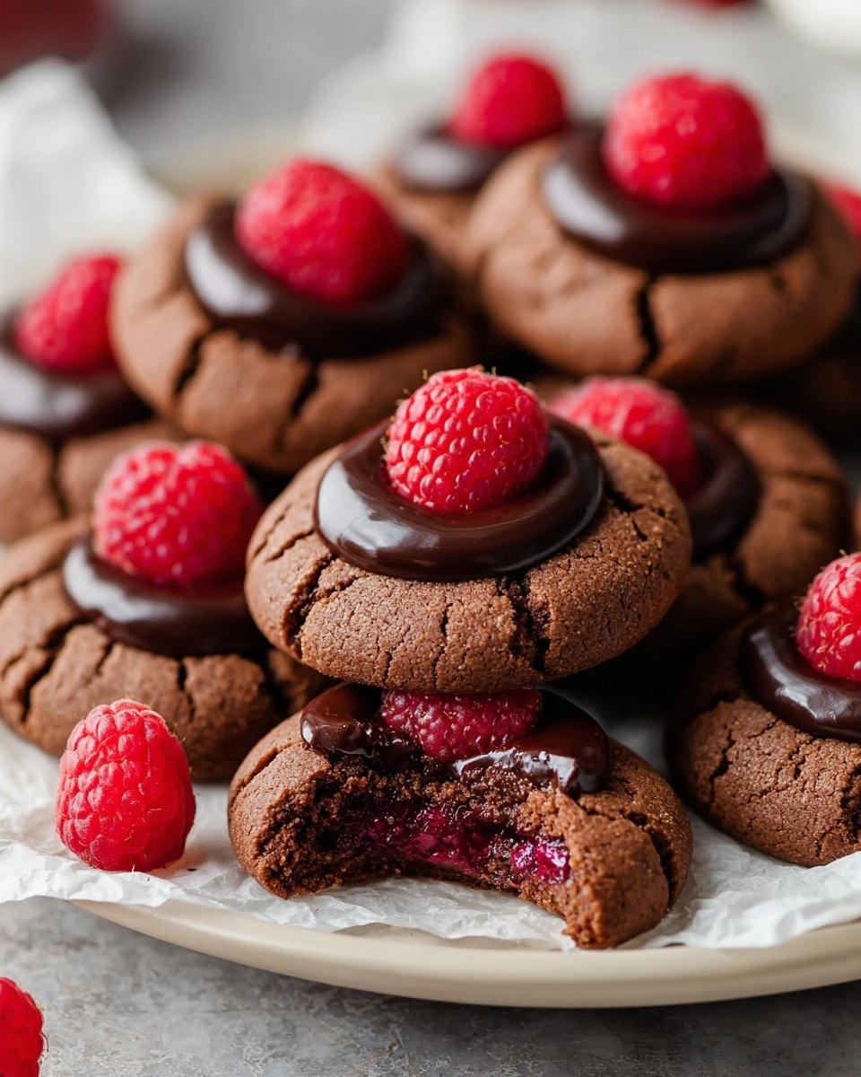 The image shows several round chocolate cookies with a cracked surface, each topped with a smooth, dark chocolate layer in the center. On top of the chocolate layer sits a bright red raspberry, adding a fresh pop of color. The cookies rest closely together on a white plate lined with parchment paper, against a white marbled textured background. One cookie in the foreground has a piece broken off, revealing a soft, moist interior with a deep red berry filling inside. There are also some loose raspberries scattered around the plate. photo taken with an iphone --ar 4:5 --v 7