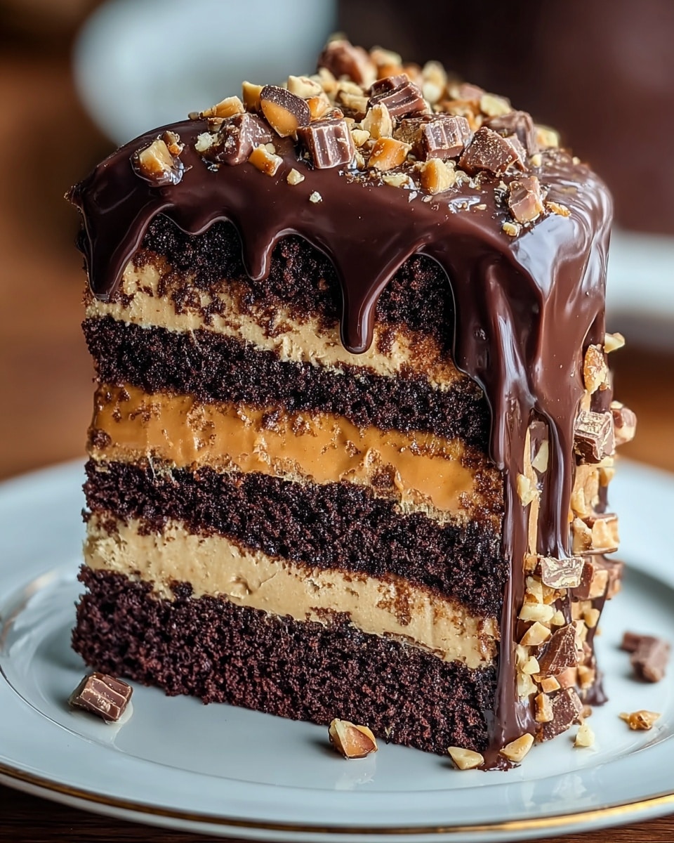 A close-up of a tall slice of cake with four layers: the bottom, second, and top layers are dark brown moist chocolate cake, and the third and top layers are light brown creamy peanut butter filling. The cake is covered with thick, glossy dark chocolate ganache dripping down the sides, topped with chopped nuts and small chunks of chocolate and caramel. The slice sits on a white plate with a thin gold rim, placed on a white marbled surface. photo taken with an iphone --ar 4:5 --v 7