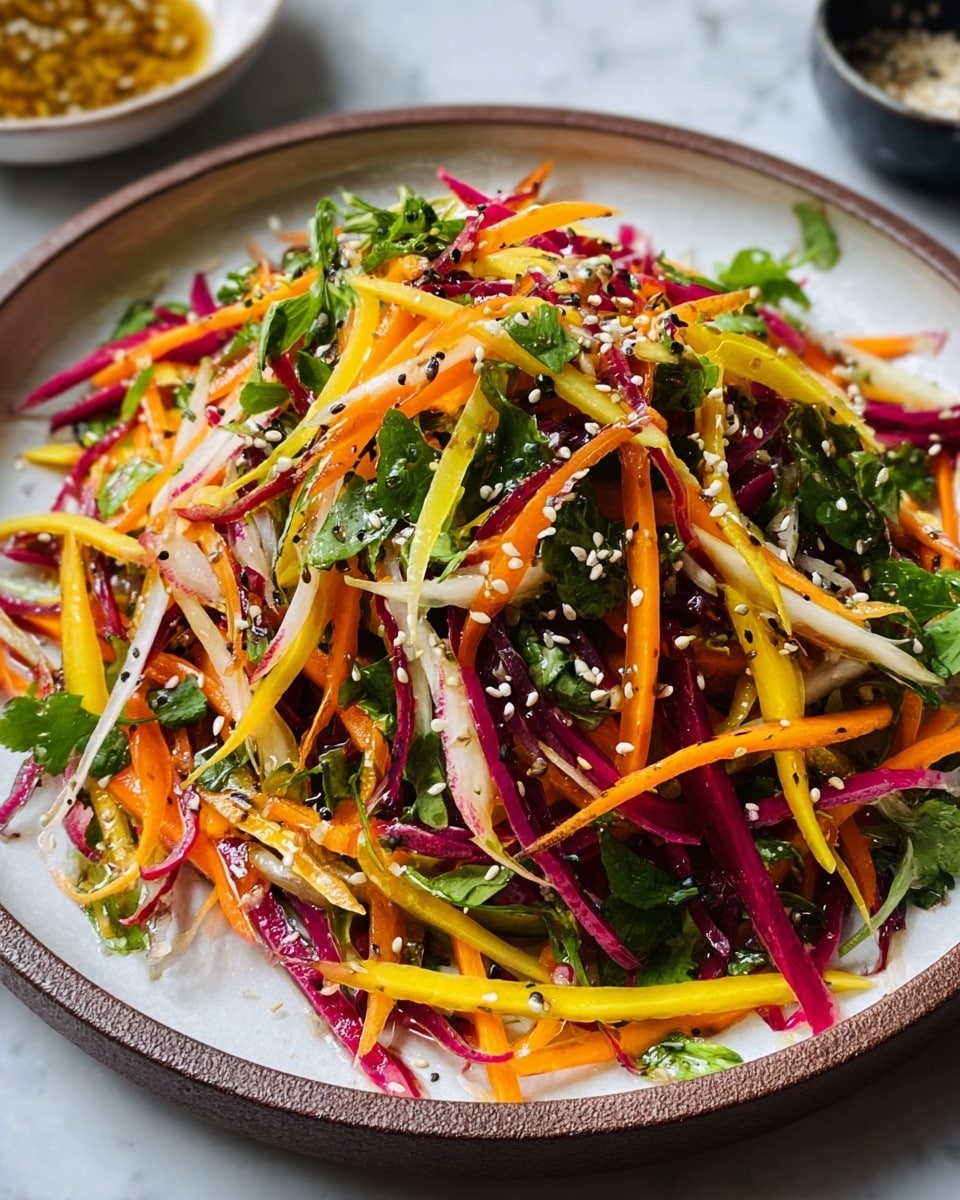 A close-up view of a fresh vegetable salad piled high on a white plate with a brown edge. The salad has many thin strips of orange carrots, yellow and purple beets, and white radish mixed with green leafy herbs, all tossed together. Small white sesame seeds are sprinkled evenly across the salad, adding texture. The plate sits on a white marbled surface, and a small part of a bowl with dressing can be seen blurred in the background. photo taken with an iphone --ar 4:5 --v 7