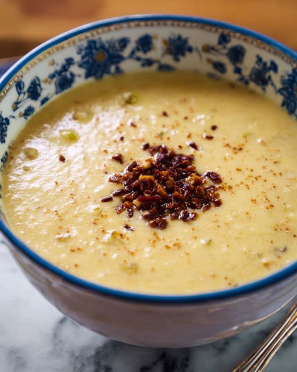 A bowl with a blue floral pattern filled with creamy yellow soup that has small bits of vegetables in it and is topped with a small pile of dark red crispy bits, placed on a wooden surface with a black and white checkered cloth underneath, next to a large red pot with a glimpse of the soup inside, all on a white marbled texture background. photo taken with an iphone --ar 4:5 --v 7