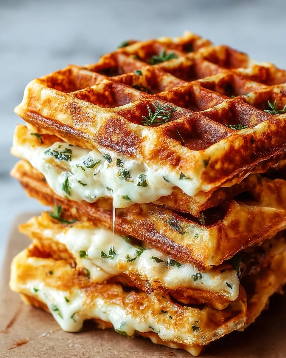 A close-up view of a stack of four golden-brown crispy waffles with square patterns, each layer filled with melted white cheese mixed with small green herb pieces that slightly ooze out at the edges, showing a soft and gooey texture inside contrasted with the crunchy waffle exterior. The waffles have an even browning with some lighter and darker spots giving them a fresh baked look, all set against a blurred white marbled texture background. photo taken with an iphone --ar 4:5 --v 7