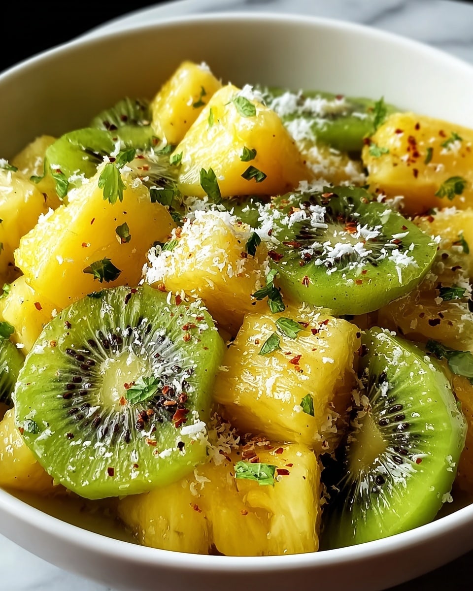 A close-up view of a fresh fruit salad served in a white bowl, filled with bright yellow pineapple chunks and circular green kiwi slices with black seeds. The pineapple pieces have a juicy, slightly translucent texture, while the kiwi slices show a smooth, slightly shiny surface. The salad is sprinkled with fine white coconut shreds, small green herb leaves, and a light dusting of red spice flakes scattered across the top, adding contrast and texture. The bowl sits on a white marbled surface, highlighting the vibrant colors of the fruit. photo taken with an iphone --ar 4:5 --v 7