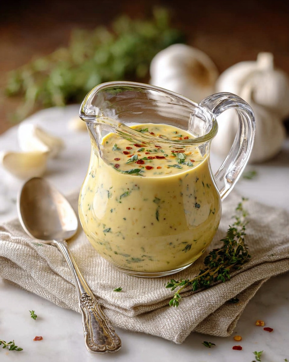 A small clear glass pitcher filled with creamy yellow sauce speckled with green herbs fills the frame. The sauce has a smooth but slightly thick texture with bits of herbs throughout, topped with some red chili flakes. The pitcher sits on a folded beige linen cloth on a white marbled surface. Next to it lies a silver spoon with an ornate handle. In the blurred background, whole garlic bulbs and fresh green herb sprigs add context. photo taken with an iphone --ar 4:5 --v 7