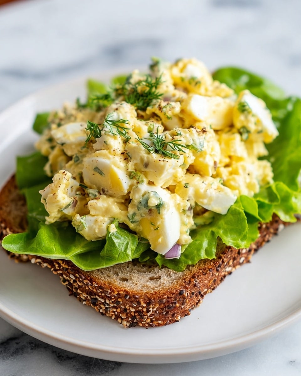 A slice of toasted multigrain bread with visible sesame and poppy seeds forms the base layer on a white plate set on a white marbled surface. On top of the bread, there is a bright green leafy lettuce layer, fresh and crisp, creating a bed for the creamy egg salad piled generously above it. The egg salad has a chunky texture with pieces of hard-boiled egg whites and yolks coated in a thick, yellowish mayonnaise dressing dotted with small bits of herbs and spices. Some green herbs, likely parsley or dill, and small pieces of red onion add hints of color and texture throughout the salad. The dish looks fresh and inviting. photo taken with an iphone --ar 4:5 --v 7