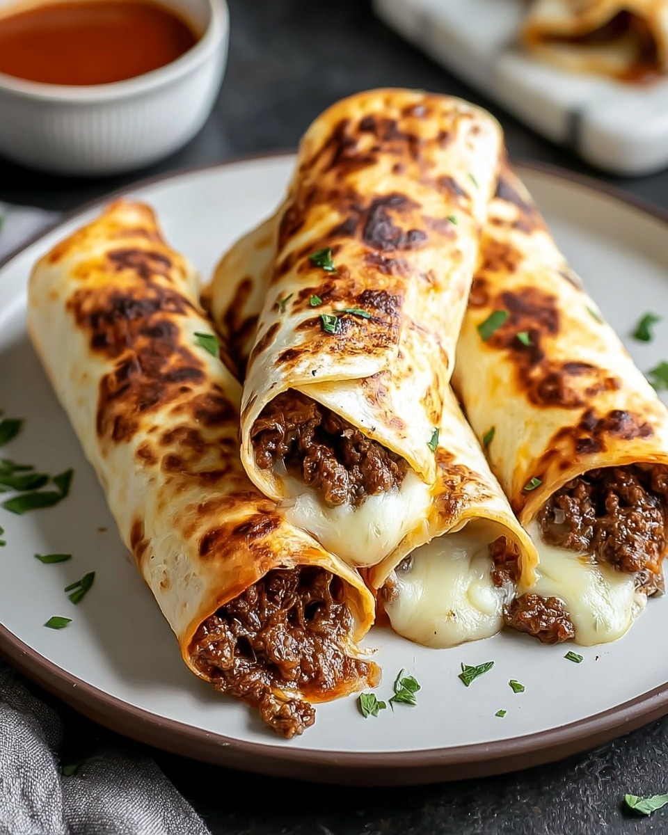 Three rolled, golden brown tortillas are placed on a white plate, each filled with a visible layer of cooked, browned ground beef mixed with melted, gooey white cheese. The tortillas have a slightly crispy texture with darker toasted spots on the surface. Small green herb pieces are sprinkled on top and around the plate for garnish. In the background, there is a small cup of reddish-brown sauce. The setting is on a white marbled texture. photo taken with an iphone --ar 4:5 --v 7