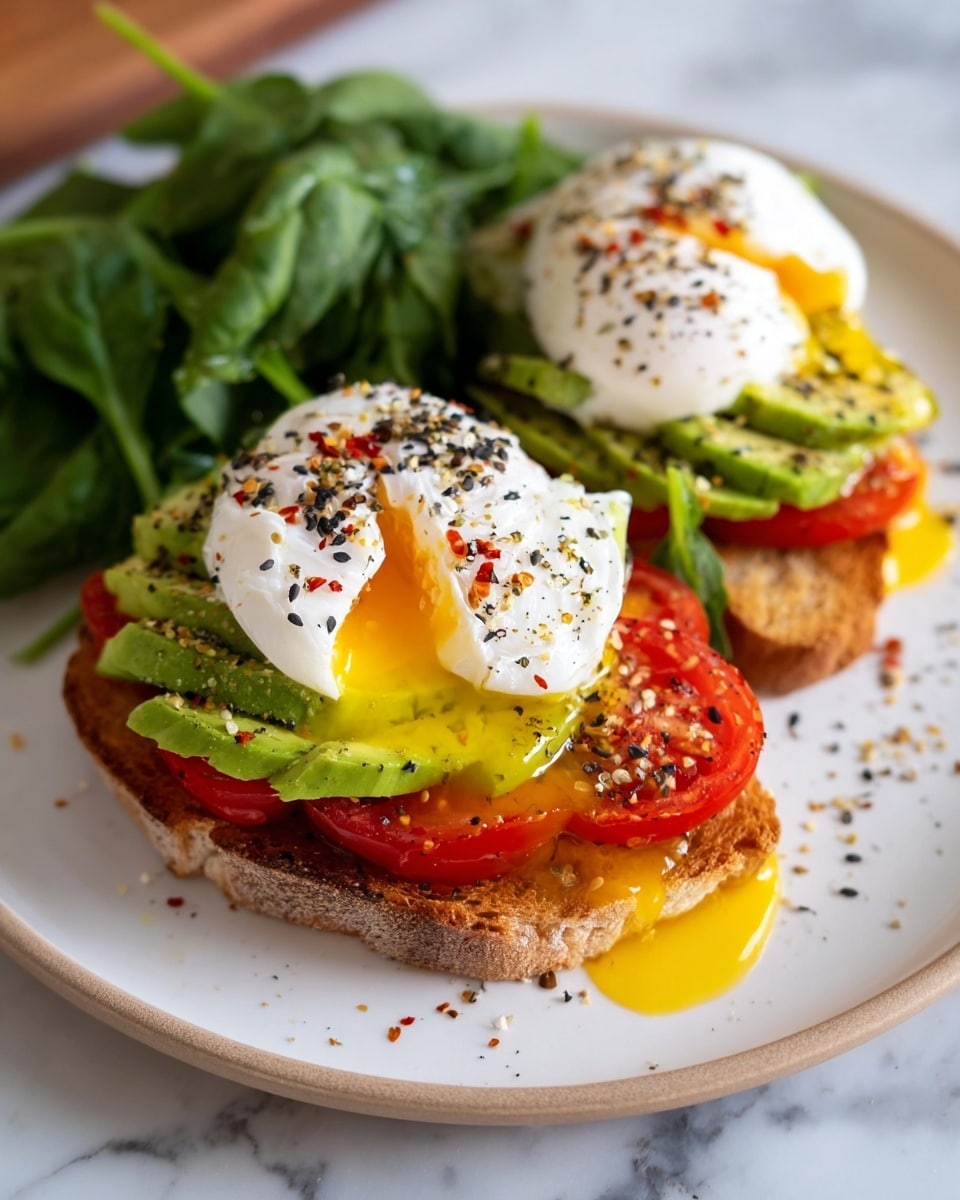 A white plate holds two slices of toasted bread, each topped with a layer of light green avocado slices arranged neatly, followed by a layer of bright red tomato slices halfway visible, and two soft white poached eggs with slightly runny yellow yolks spilling onto the bread and plate. The eggs are sprinkled with black and white seeds and small chili flakes. To the side, there is a pile of fresh dark green leafy spinach. The plate rests on a white marbled surface. Photo taken with an iphone --ar 4:5 --v 7