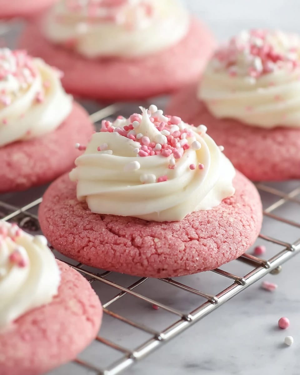 A close-up view shows several soft, thick pink cookies with a rough texture placed on a metal cooling rack. Each cookie is topped with a smooth, thick swirl of creamy white frosting that has a soft, shiny appearance. On top of the frosting are small pink and white round sprinkles, adding a crunchy texture. The background is a white marbled surface that gives a clean and bright feel to the image. photo taken with an iphone --ar 4:5 --v 7