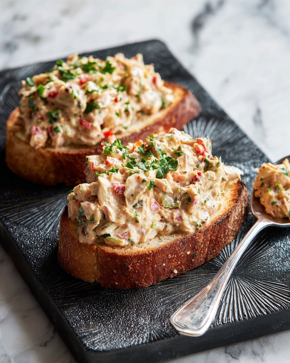 Two slices of white toasted bread are topped with a thick, chunky spread made of finely chopped pieces of chicken, red bell peppers, and green herbs mixed in a creamy sauce. The mixture is textured, moist, and generously layered with visible small colorful bits scattered over the top. The toast sits on a textured black serving tray with a decorative sunburst pattern, along with a silver spoon carrying some extra of the same chicken mixture. The scene is set against a white marbled surface. photo taken with an iphone --ar 4:5 --v 7