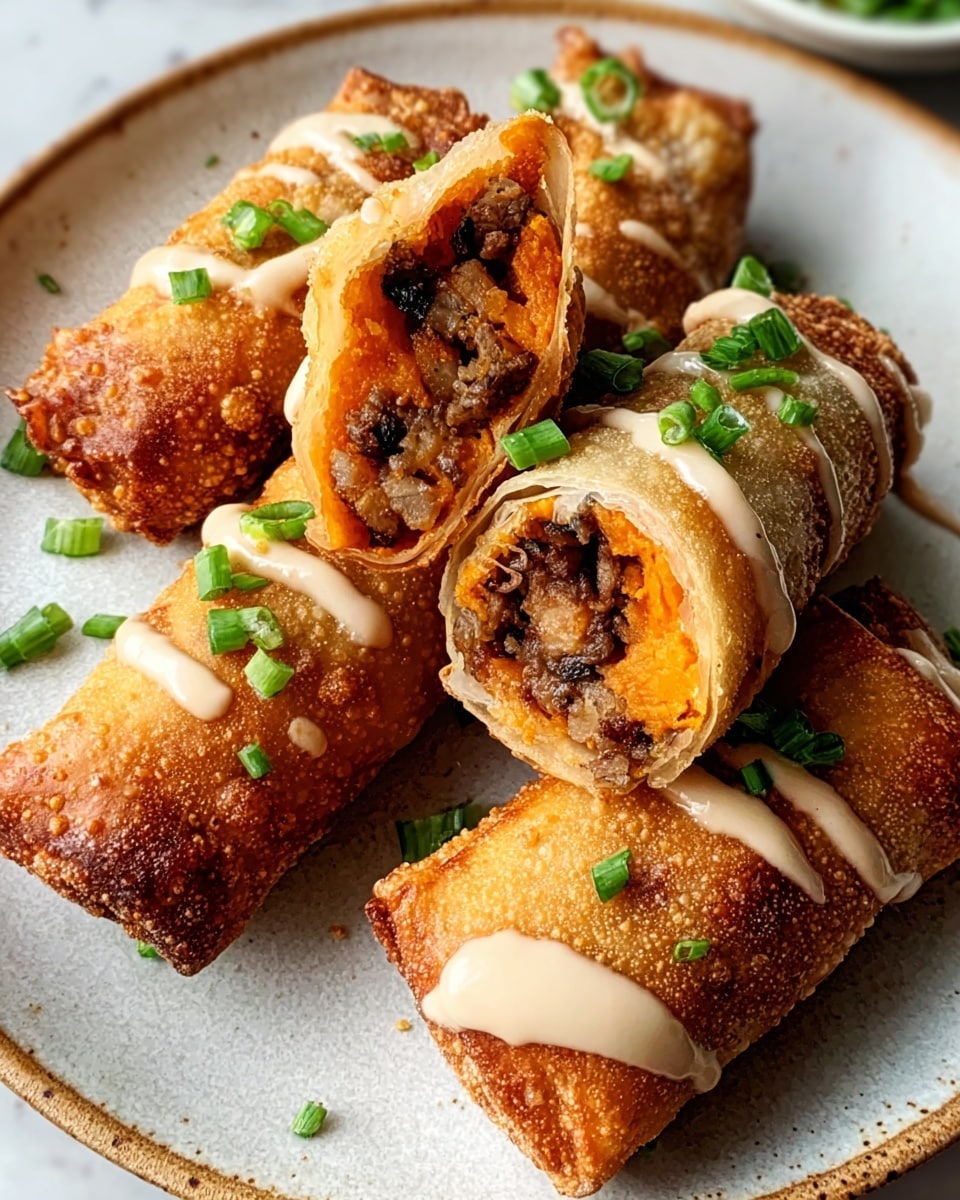 The image shows four crispy spring rolls arranged on a white plate with a white marbled texture background. Three spring rolls are whole, golden-brown and crunchy, while one is cut in half, revealing a filling of orange sweet potato and dark ground meat inside. Each roll is drizzled with a light creamy sauce on top and sprinkled with small green chopped scallions, adding fresh color contrast. The texture is crispy outside with a soft, rich filling inside. Photo taken with an iphone --ar 4:5 --v 7