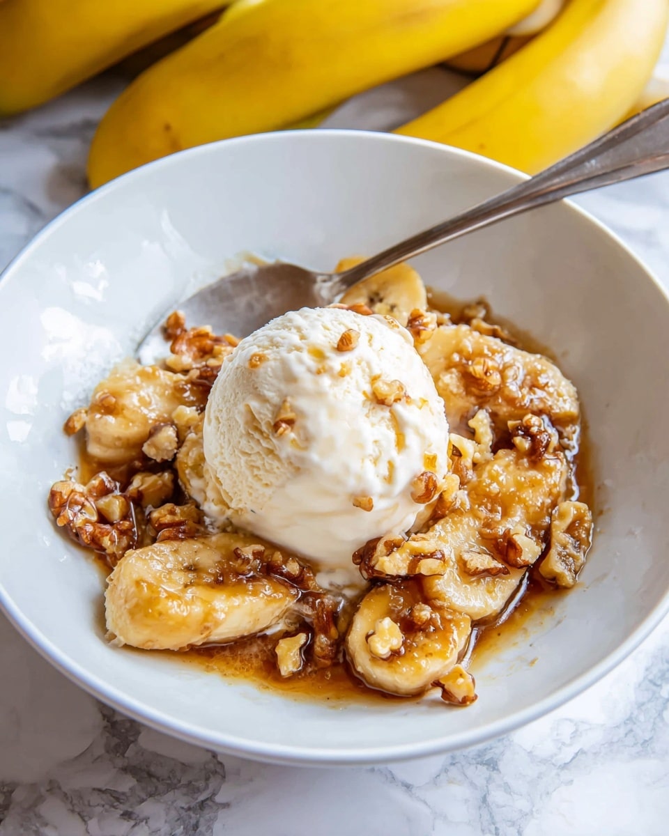 In a white bowl, a dessert is layered starting with soft, golden-brown cooked banana slices covered in a sticky, glossy caramel sauce mixed with chopped walnuts. On top sits a smooth, round scoop of creamy white vanilla ice cream sprinkled with small walnut pieces. The warm sauce slightly melts the ice cream creating a blend of creamy and syrupy textures. A silver spoon rests inside the bowl on the left side against the banana layer. The bowl is placed on a white marbled surface with bunches of yellow bananas blurred in the background. Photo taken with an iphone --ar 4:5 --v 7