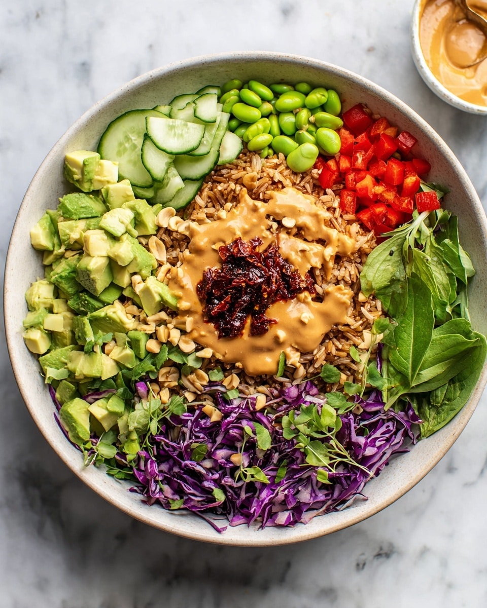 A large white bowl sits on a white marbled surface filled with a colorful layered salad. Starting from the left, there are pale green diced avocado pieces, next to bright green edamame beans, followed by chopped light brown peanuts. At the center top, there are small green cucumber slices and bright red diced bell peppers. To the right, dark brown fried rice fills a big section, bordered by thin strands of purple cabbage on the far left and right edges. Fresh green leafy herbs are scattered lightly on the cucumber and peppers. A creamy beige peanut sauce topped with dark red chili paste rests in the middle on top of the peanuts and rice. Photo taken with an iphone --ar 4:5 --v 7