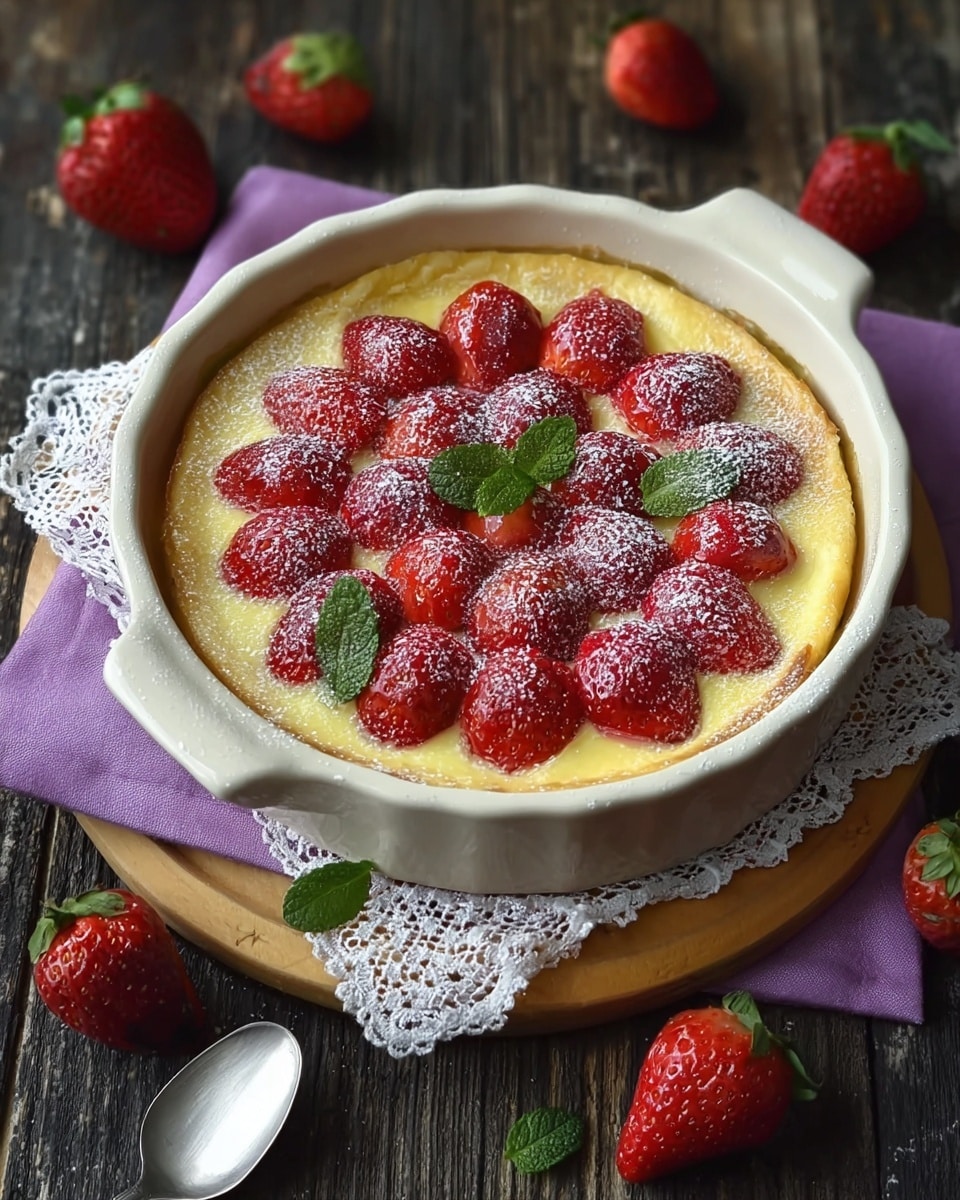The image shows a round tart with a golden crust in a white ceramic dish with a handle. The tart has two main layers: a smooth, pale yellow custard base and a top layer of whole and halved bright red strawberries, dusted lightly with white powdered sugar. There are three small green mint leaves placed near the center of the tart, adding a fresh touch. The dish rests on a round wooden board, over a purple cloth with a white lace edge, all set on a dark, worn wooden table. Fresh strawberries are scattered around the tart, enhancing the natural, fresh look. A silver spoon lies next to the dish at the bottom left corner. photo taken with an iphone --ar 4:5 --v 7