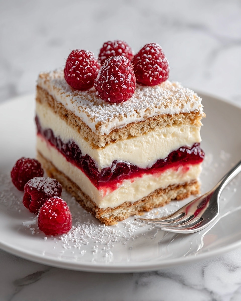 The image shows a square piece of layered dessert on a white plate with a silver fork beside it. The dessert has four layers: the bottom layer is a light brown sponge cake, above it is a layer of creamy white filling mixed with dark red berry sauce, followed by another thick layer of white cream. The top layer is a light brown sponge cake dusted with powdered sugar, decorated with five bright red raspberries arranged on top. The dessert sits on a white marbled surface. photo taken with an iphone --ar 4:5 --v 7