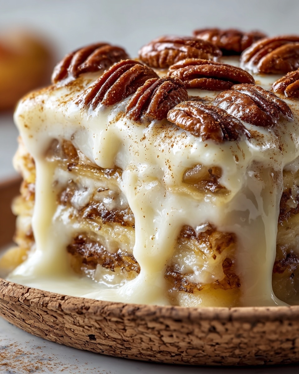 The image shows a close-up of a three-layer piece of dessert with a creamy white sauce flowing over the sides. The top layer is covered with whole pecans, each glossy and brown, sprinkled lightly with fine cinnamon powder. Beneath the pecan layer is a thick, smooth, and slightly melted white cream that drips down the sides. The middle and bottom layers consist of thin, soft layers of cooked apples visible through the sauce, with a golden brown caramelized texture. The dessert sits on a white plate with a natural cork-like texture base over a white marbled surface. Photo taken with an iphone --ar 4:5 --v 7