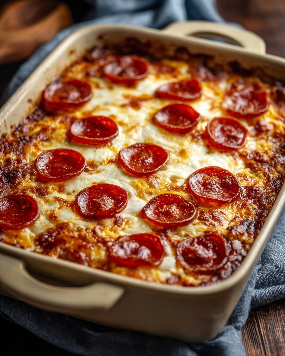 A close-up view of a baked pepperoni pizza casserole in a beige rectangular baking dish with handles on the sides. The casserole has a base layer of browned, bubbly cheese that is slightly golden and crispy around the edges. On top, there are many evenly placed round slices of glossy, red pepperoni with a slightly crispy texture. The dish sits on a dark wooden surface with a blue-gray cloth underneath, but the surface and background are to be imagined as white marbled texture. The overall look is warm, cheesy, and savory. photo taken with an iphone --ar 4:5 --v 7
