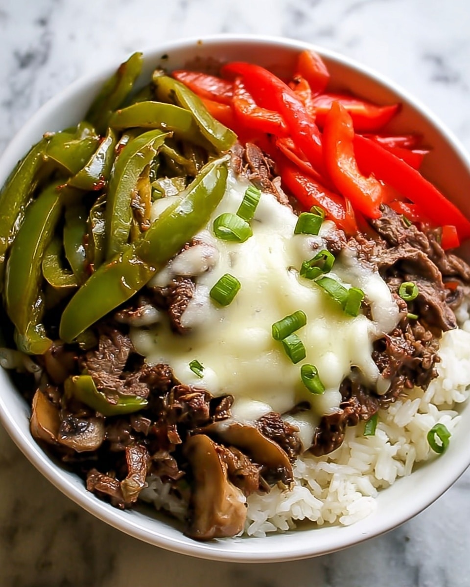 A white bowl holds a layered dish starting with a base of cooked white rice spread evenly at the bottom. On top, there is a layer of sautéed green bell pepper strips and red bell pepper pieces, arranged to one side. Next to the peppers, a layer of cooked sliced mushrooms and finely chopped cooked beef covers the other side of the bowl. In the center, melted white cheese drapes over the beef and vegetables, with small green onion pieces sprinkled on top for color. The bowl sits on a white marbled texture surface. photo taken with an iphone --ar 4:5 --v 7