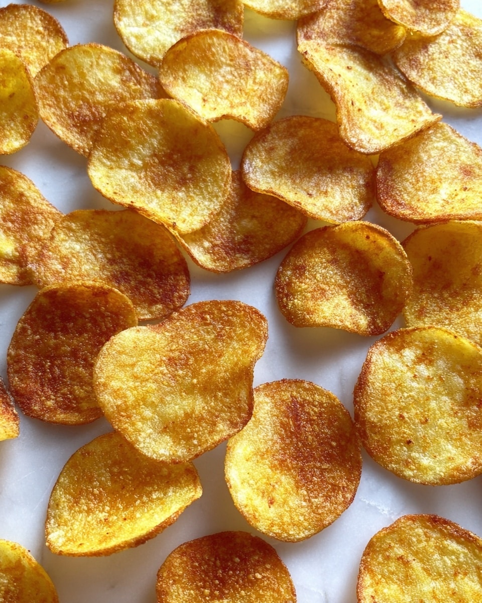 A close-up view of many small, round potato chips spread flat on a white marbled surface, each chip showing a crispy texture with golden yellow centers and darker brown edges, some chips are slightly curled, revealing a thin, crunchy appearance with a light sprinkling of seasoning. photo taken with an iphone --ar 4:5 --v 7