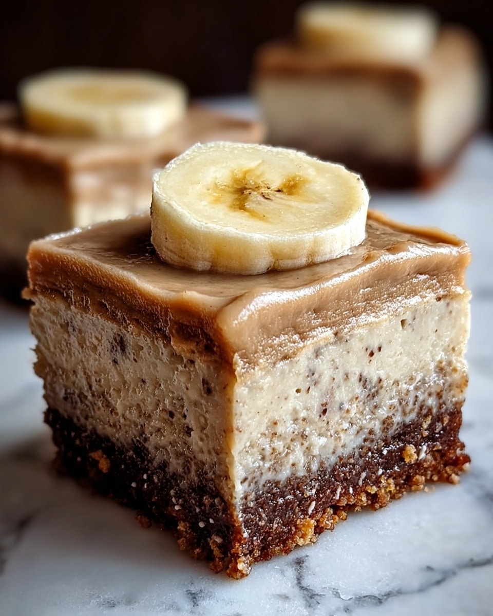 A square dessert bar with three visible layers: the bottom layer is dark brown and slightly crumbly, the middle layer is a dense, light beige with fine texture and some darker specks, and the top layer is a smooth, light brown frosting with a slightly glossy finish. The dessert is topped with a thick round slice of pale yellow banana placed in the center. The dessert is positioned on a white marbled surface, with a blurred second piece in the background. photo taken with an iphone --ar 4:5 --v 7