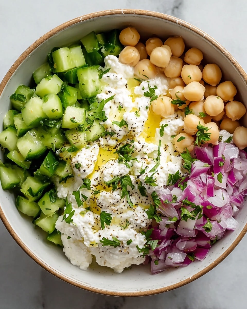 A close-up view of a bowl with four main layers arranged side by side: on the left, bright green chopped cucumber pieces with a fresh, moist texture; next to it, light beige round chickpeas with a smooth surface; below the cucumber and chickpeas, a large pile of soft, white cottage cheese topped with small green parsley leaves and a drizzle of golden olive oil, sprinkled with black pepper; and on the right side, chopped red onion with a mix of purple and white, also garnished with green herbs. The bowl is white with a light brown rim, placed on a white marbled surface. Photo taken with an iphone --ar 4:5 --v 7