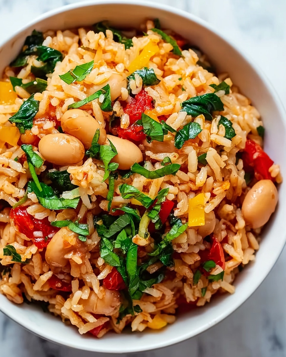 A close-up image of a bowl filled with cooked rice mixed with beans, small pieces of red and yellow bell peppers, and chopped fresh green herbs scattered on top. The rice has a light orange tint, and the beans are beige and plump, contrasting with the bright red and yellow pepper pieces. The leafy greens add a fresh, deep green color, and the texture looks fluffy and moist. The bowl is white with a smooth surface, set against a white marbled texture background. Photo taken with an iphone --ar 4:5 --v 7
