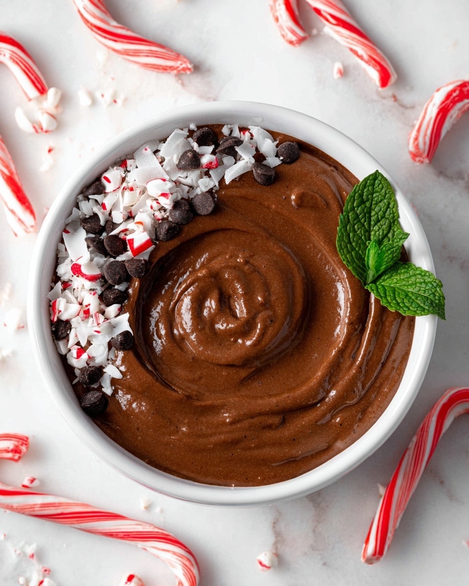 A white bowl filled with one thick layer of smooth, dark brown chocolate mousse with a swirl pattern in the center. On the upper left side of the mousse, there is a layer of white coconut flakes mixed with small dark chocolate chips and tiny red-and-white peppermint candy pieces. A small green mint leaf is placed on the upper right side of the bowl, adding a fresh touch. The bowl is placed on a white marbled surface scattered with several red and white striped candy canes around it. photo taken with an iphone --ar 4:5 --v 7