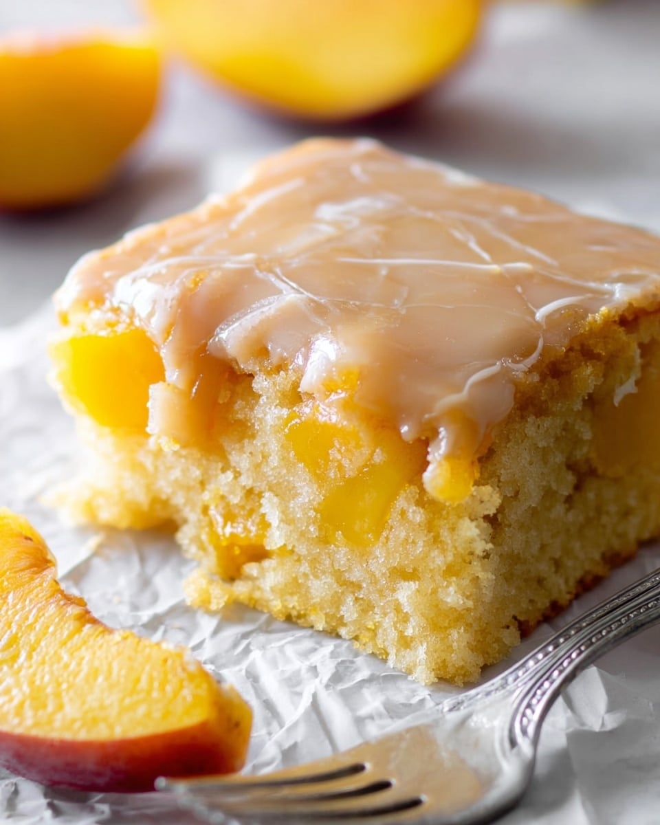 A close-up image of a square piece of cake with two layers: the bottom layer is a moist, light yellow cake with visible pieces of peach mixed inside, and the top layer is a smooth, shiny light brown glaze spread evenly over the cake. The cake rests on white crumpled parchment paper on a white marbled surface. To the left of the cake piece, there is a silver fork partially placed on the paper, and behind the cake, another similar cake piece is slightly blurred. A slice of peach is also visible in the top left corner. Photo taken with an iphone --ar 4:5 --v 7