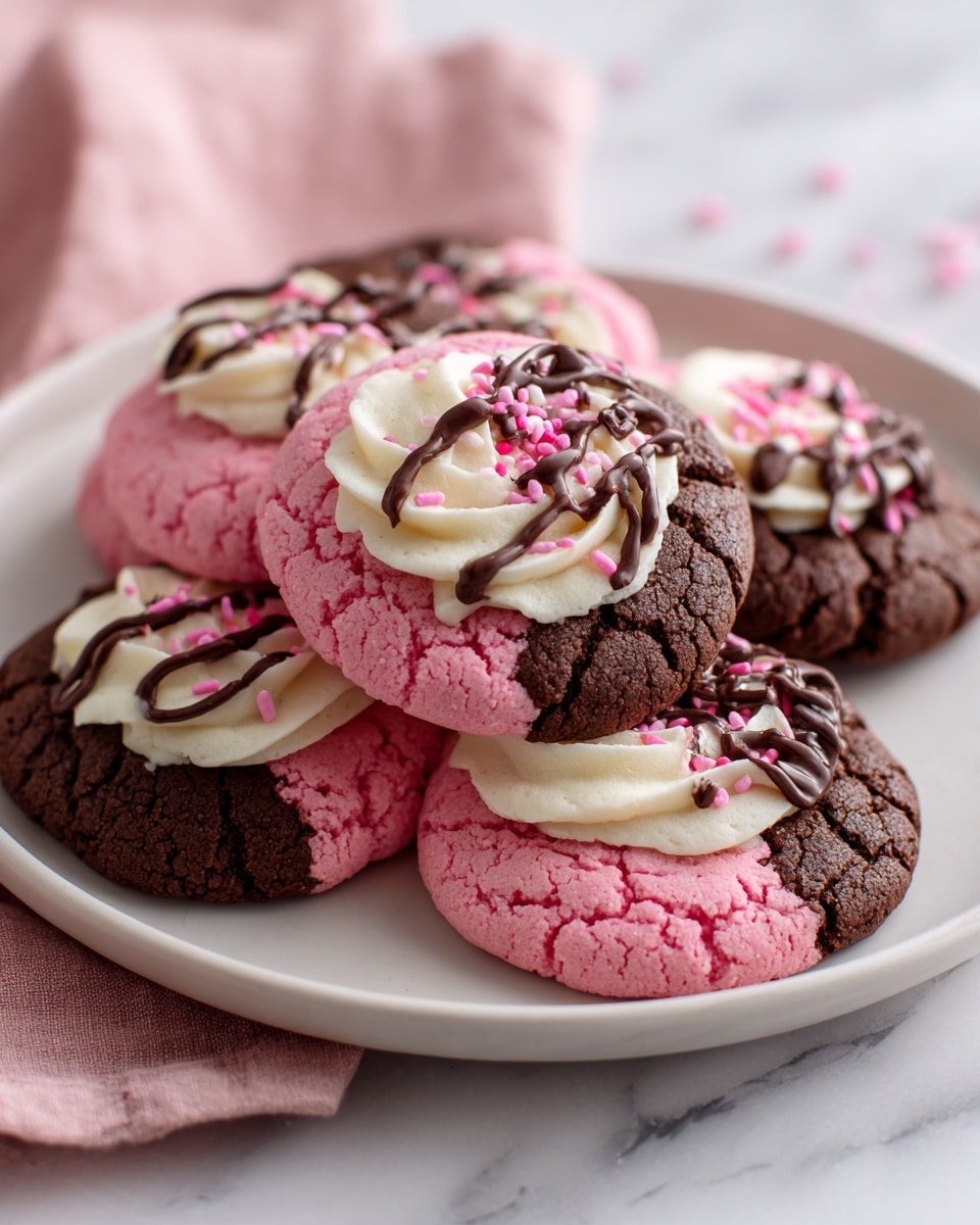 The image shows a white plate full of round cookies with two main colors, bright pink and dark brown. Each cookie is split into two halves, one pink and one brown with a cracked texture, and they are topped with a swirl of white creamy frosting in the center. Over the frosting is drizzled a zigzag of dark chocolate, and small pink and white sprinkle pieces are scattered on top. The cookies are stacked slightly unevenly on a light pink cloth, all placed on a white marbled surface. photo taken with an iphone --ar 4:5 --v 7