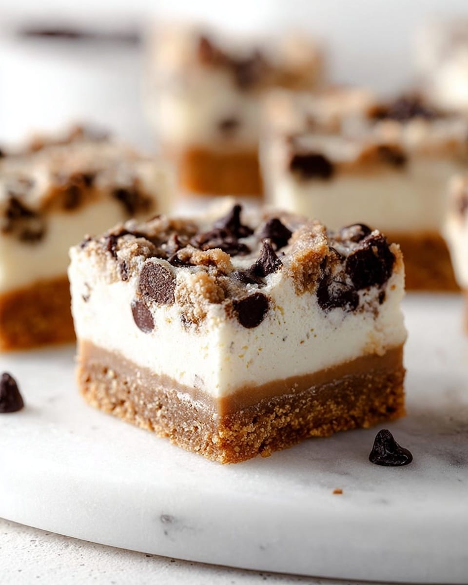 The image shows a close-up of a dessert square made of three clear layers. The bottom layer is a thick, crumbly crust in a golden brown color. The middle layer is smooth and creamy white, looking soft and rich. The top layer is chunky and light brown with many dark chocolate chips scattered throughout, giving it a dense and textured look. The dessert squares are placed on a white marble surface with some chocolate chips nearby. The focus is sharp on the front piece, showing its detailed textures clearly while the background is softly blurred. Photo taken with an iphone --ar 4:5 --v 7