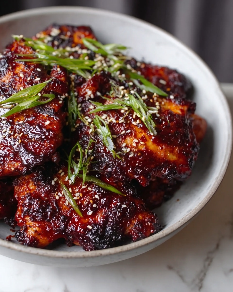 A close-up of a shallow white bowl filled with several pieces of dark reddish-brown grilled chicken coated in a slightly charred and sticky sauce, topped with toasted white sesame seeds and bright green thinly sliced scallions scattered across the top. The chicken pieces show a textured surface with glistening sauce and slight crispiness on edges. The bowl is set on a white marbled texture surface with soft natural lighting highlighting the rich colors and fresh garnishes. photo taken with an iphone --ar 4:5 --v 7
