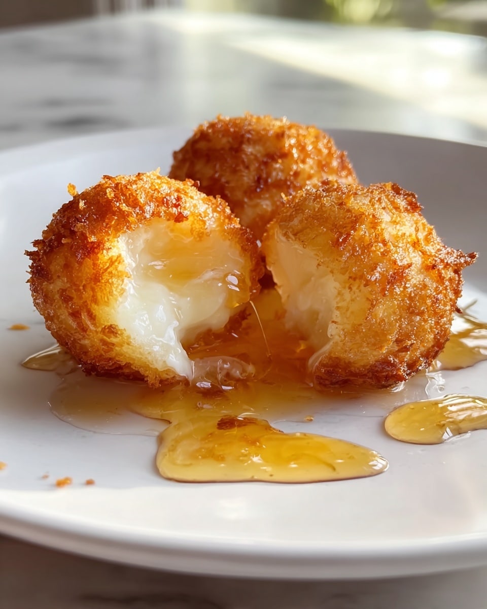 Two round deep-fried golden brown balls with a crispy texture are placed on a white plate on a white marbled surface. One ball is broken open, showing a soft, tender white inside with sticky honey syrup dripping onto the plate, creating shiny, amber-colored pools around the balls. Sunlight streams through a window blurred in the background, lighting the scene softly. photo taken with an iphone --ar 4:5 --v 7