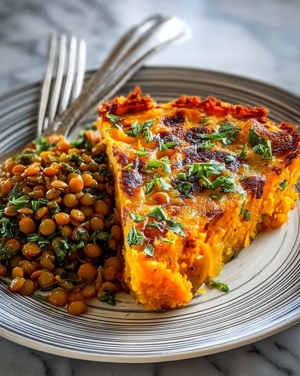 The image shows a thick slice of baked dish with two main layers on a white plate with grey circular stripes. The bottom layer is a soft, orange mashed vegetable, while the top layer is a golden, slightly crispy crust with darker brown spots, topped with small chopped green herbs scattered evenly. Next to the baked slice is a serving of cooked lentils mixed with small bits of the same orange vegetable, all resting on a white marbled surface. Two metal forks are placed diagonally on the back left edge of the plate. photo taken with an iphone --ar 4:5 --v 7
